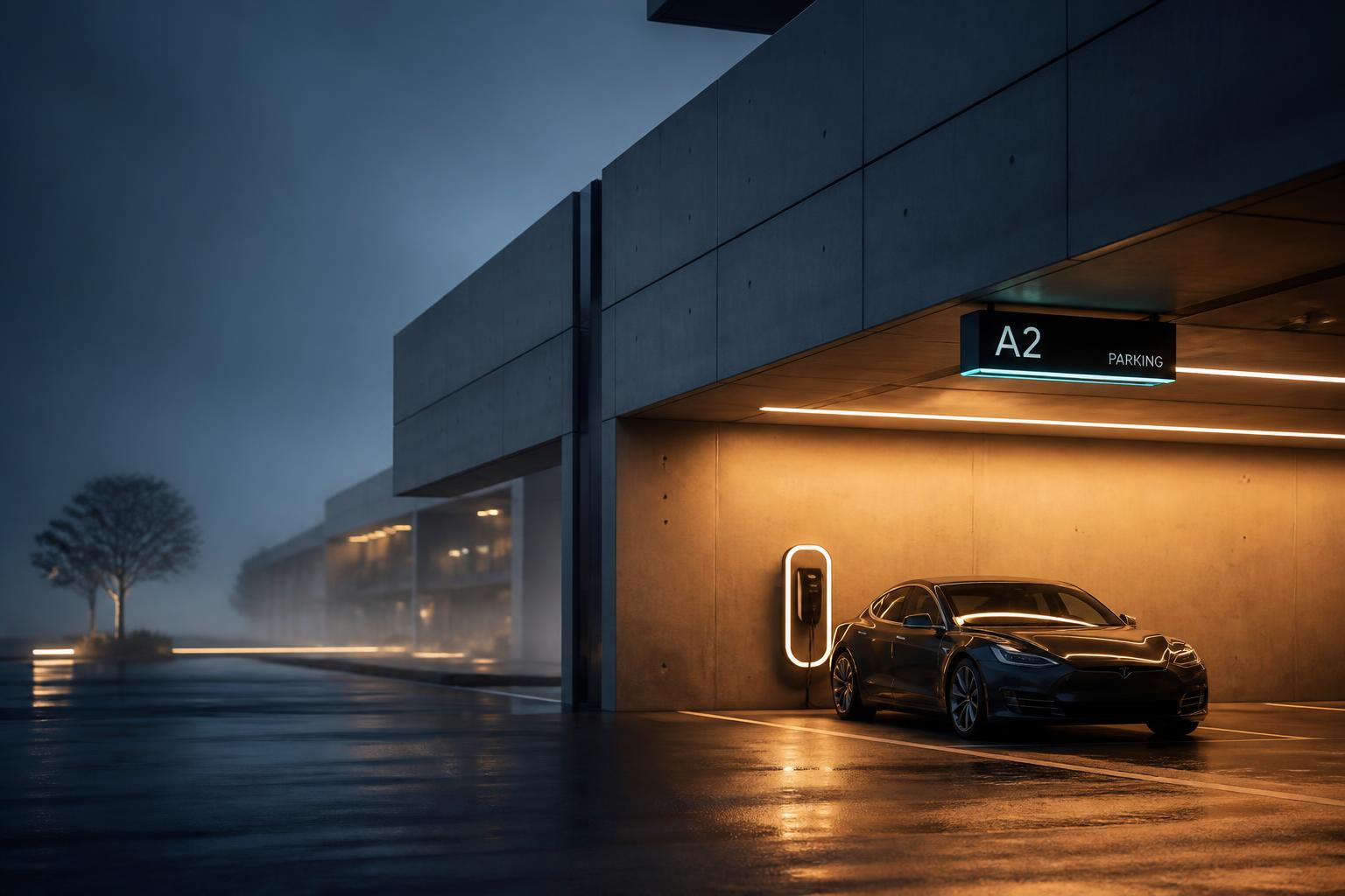 Modern smart parking facility at dusk